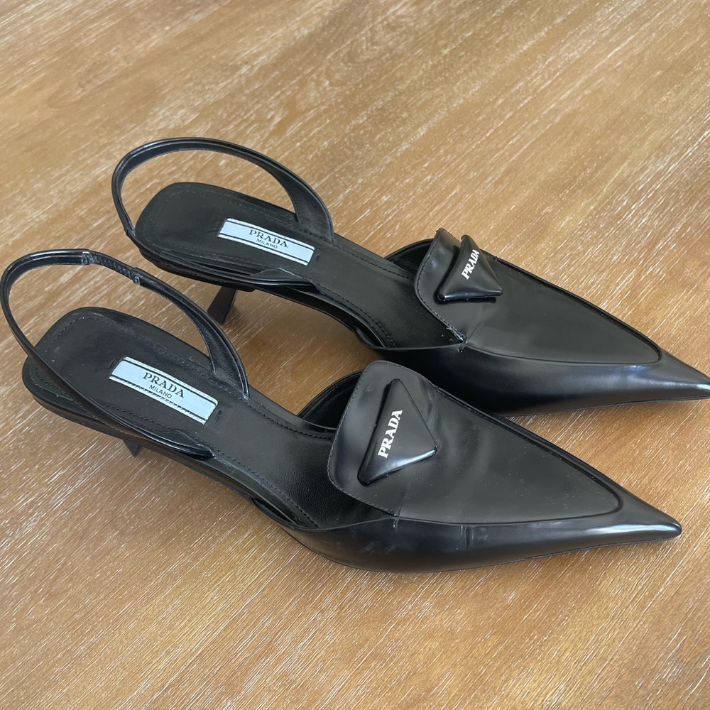Prada Black Patent Leather Kitten Heel Slingback Pumps